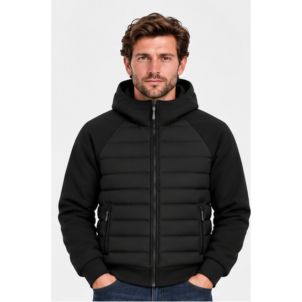 Men's Hooded Quilted Jacket in Black - front view on model