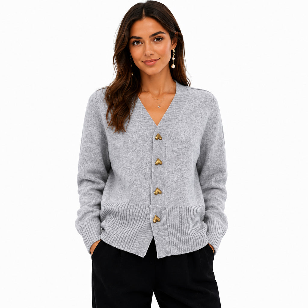 Soft Knit Cardigan with Gold Heart Buttons
