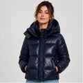 Women's Lightweight Quilted Puffer Jacket in Navy - front view on model