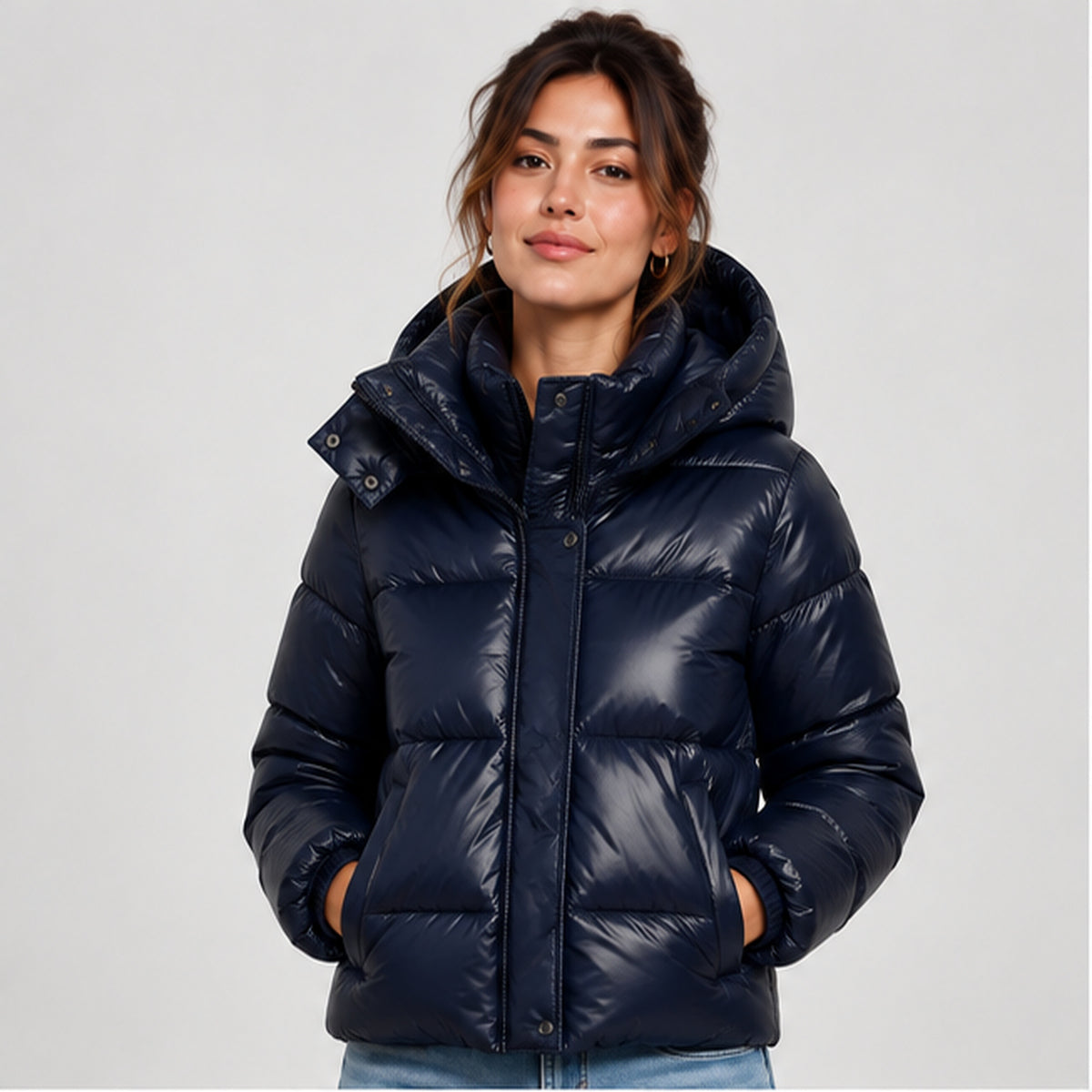 Women's Lightweight Quilted Puffer Jacket in Navy - front view on model