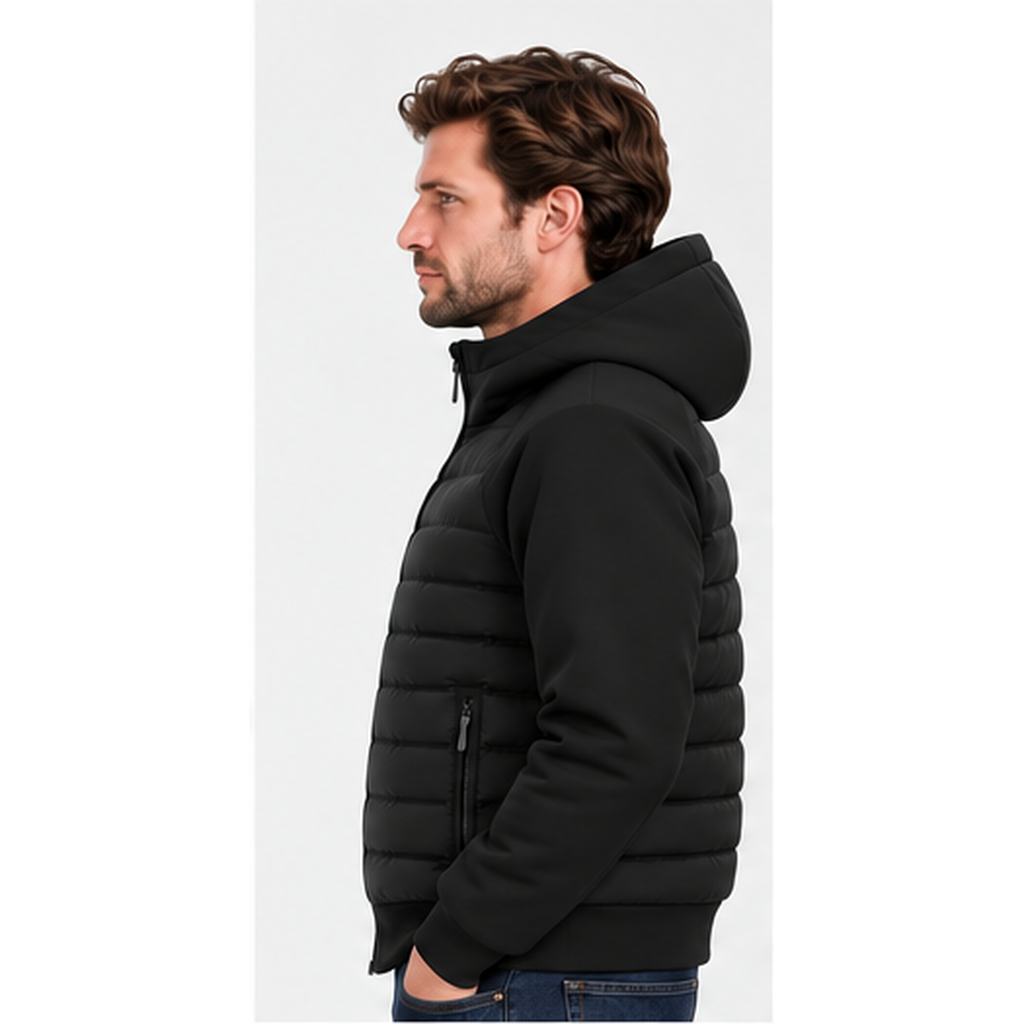 Men's Hooded Quilted Jacket in Black - side profile on model