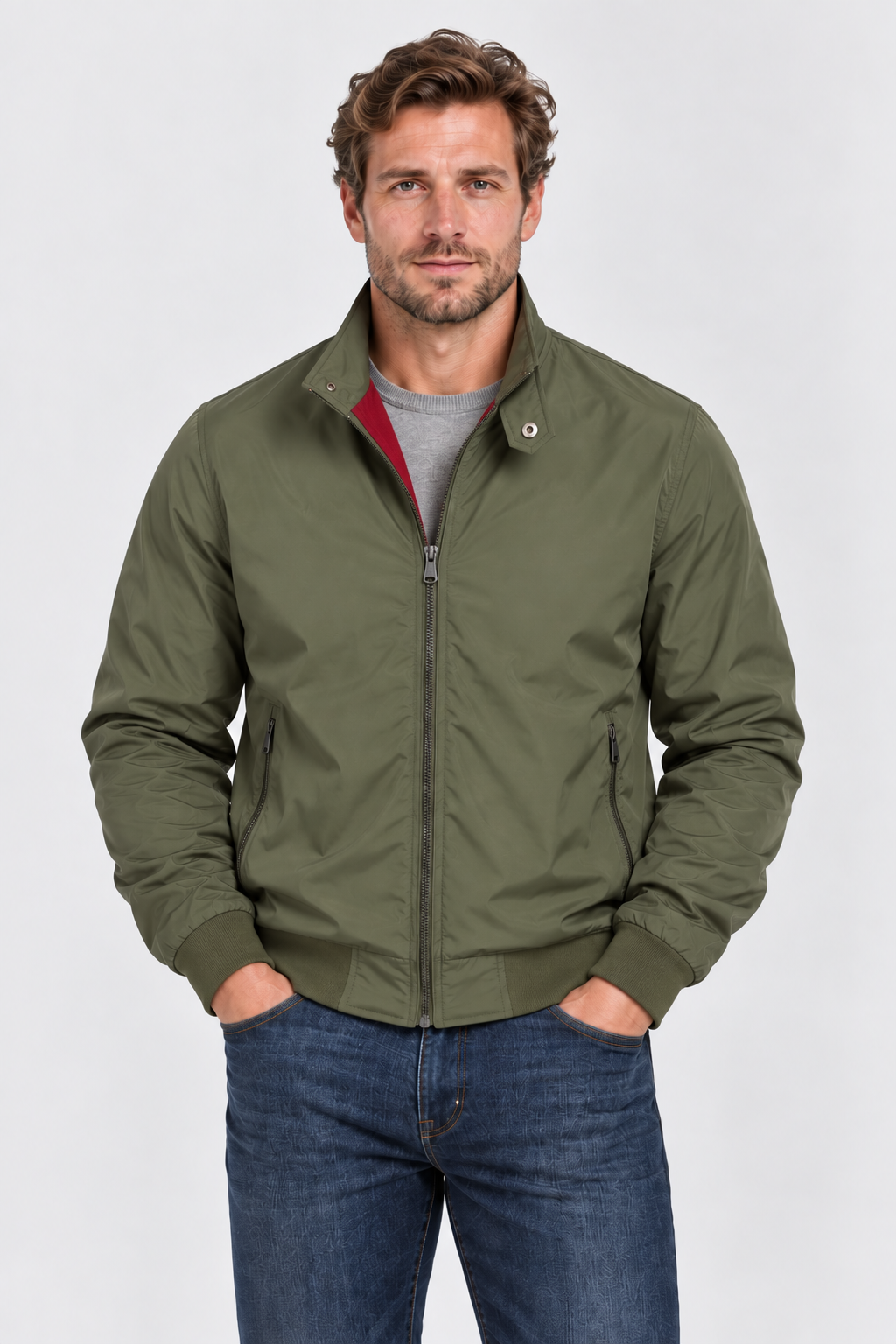 Men's Zip-Up Bomber Jacket in Olive