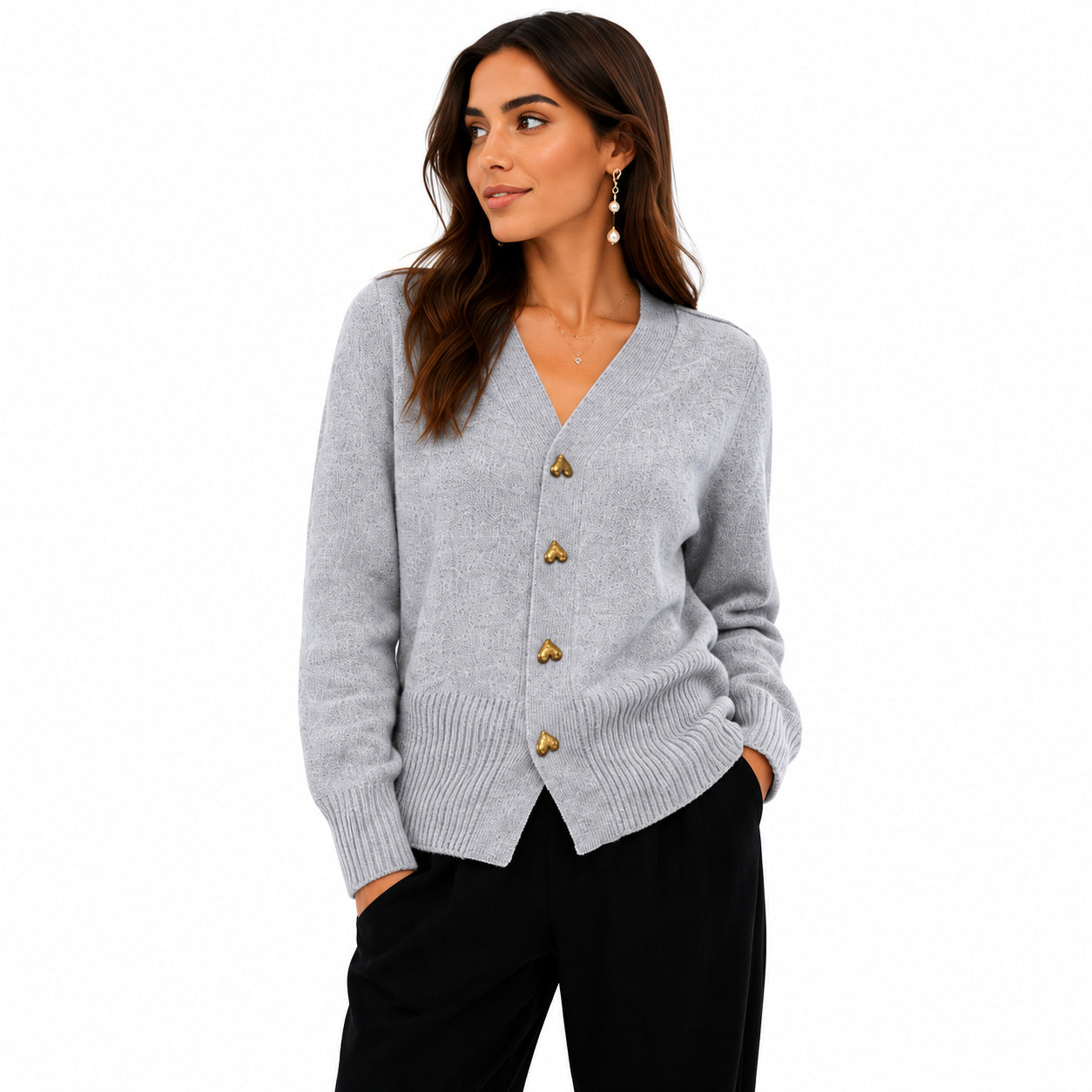 Soft Knit Cardigan with Gold Heart Buttons