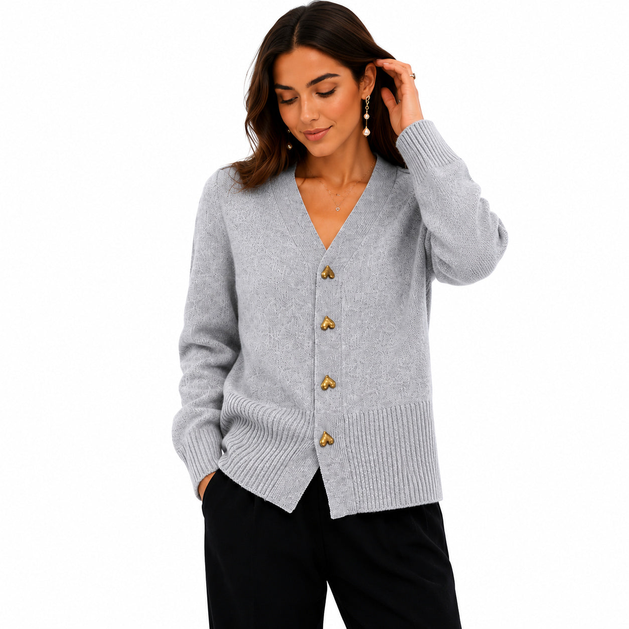 Soft Knit Cardigan with Gold Heart Buttons