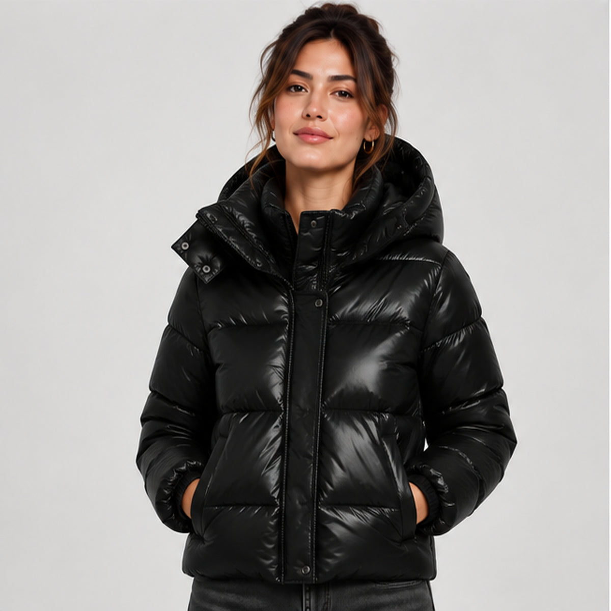 Women's Lightweight Quilted Puffer Jacket in Black - front view on model