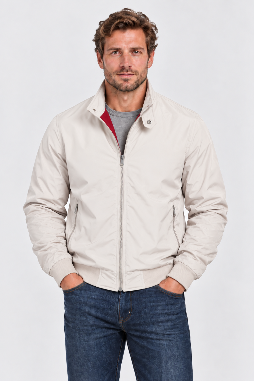 Men's Zip-Up Bomber Jacket in White