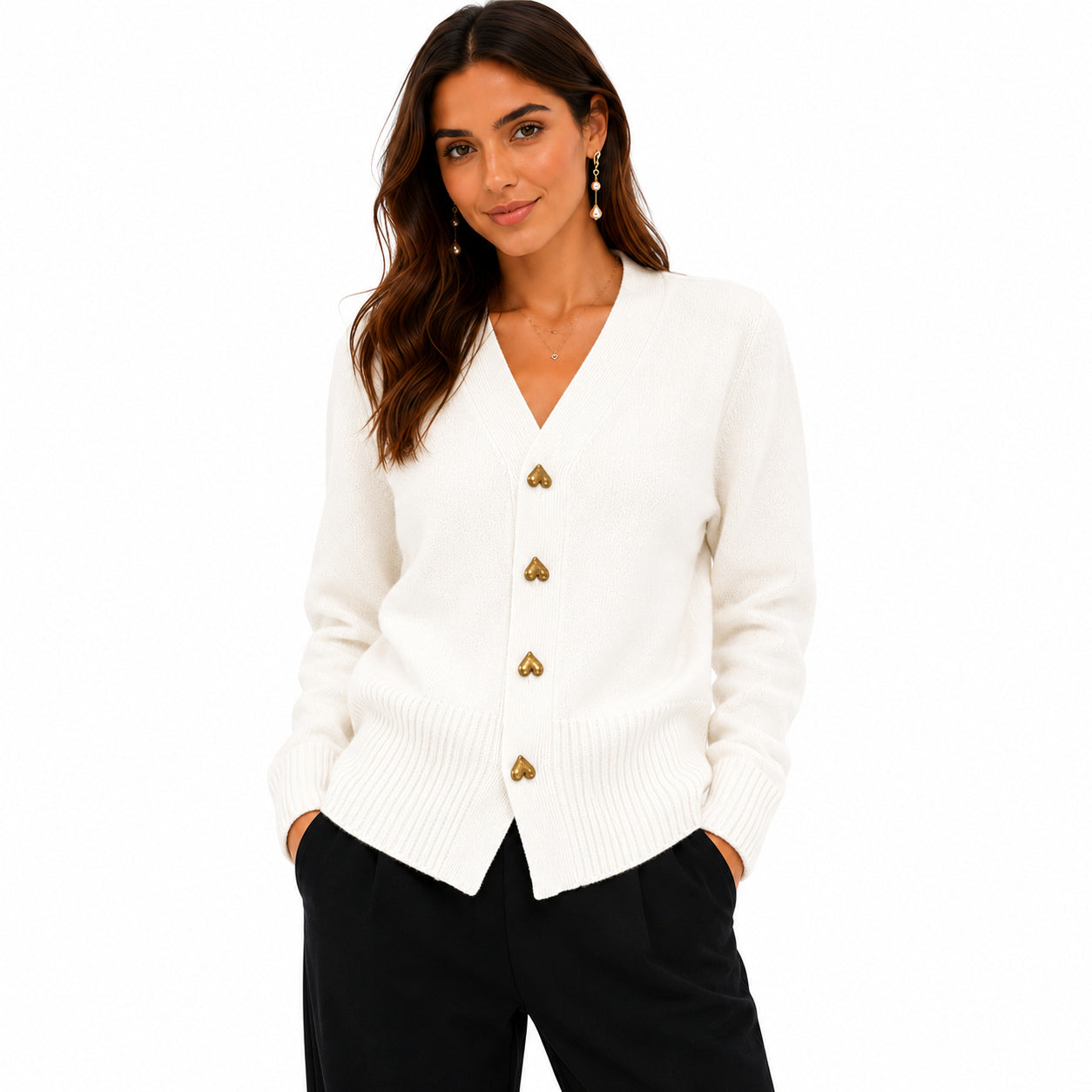 Soft Knit Cardigan with Gold Heart Buttons