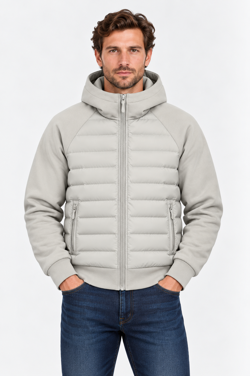 Men's Hooded Quilted Jacket in Grey - front view on model