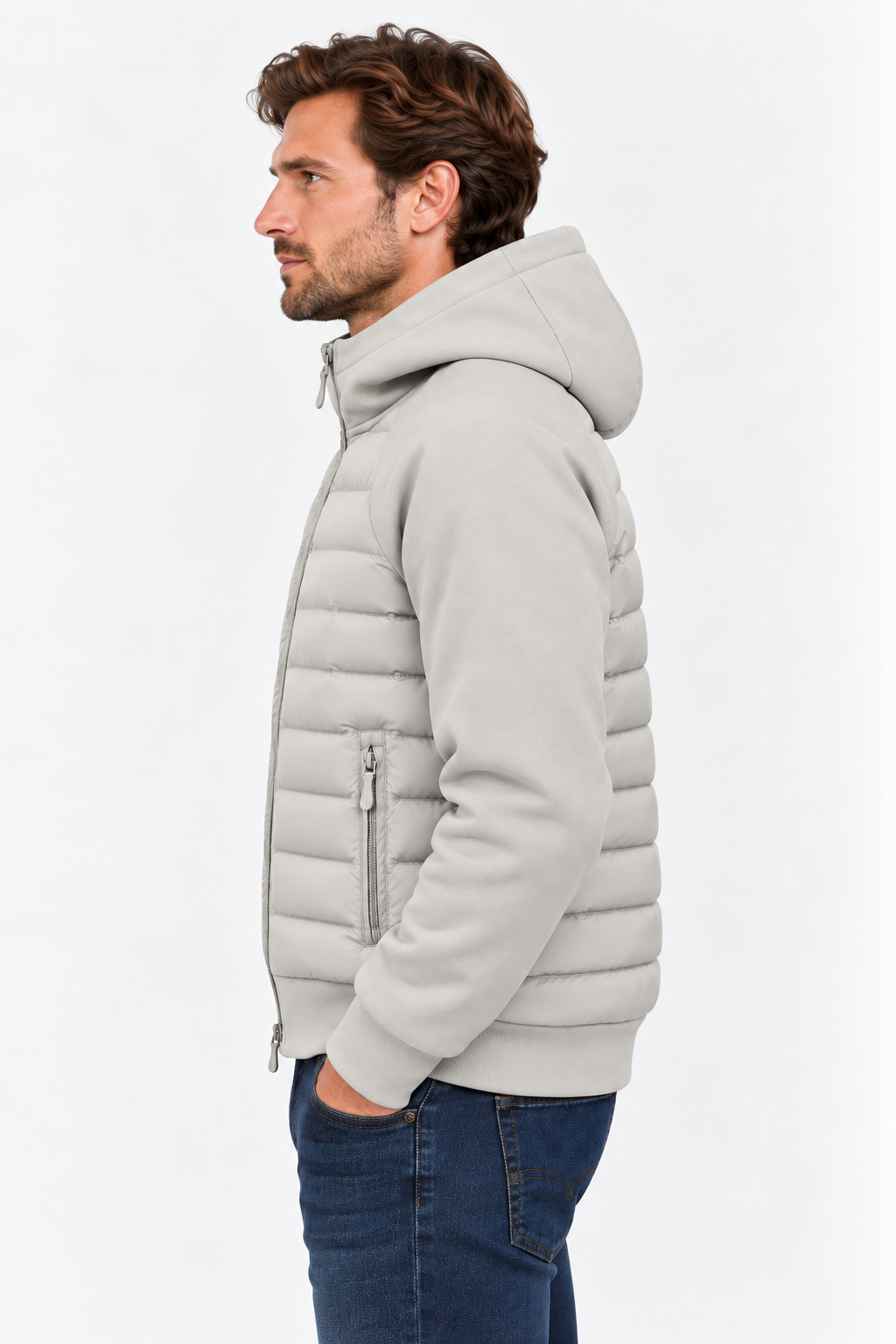 Men's Hooded Quilted Jacket in Grey - side profile on model
