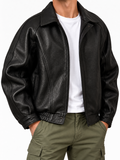 Men’s Premium Leather Zip-Up Jacket – Structured Collared Style for Spring & Autumn