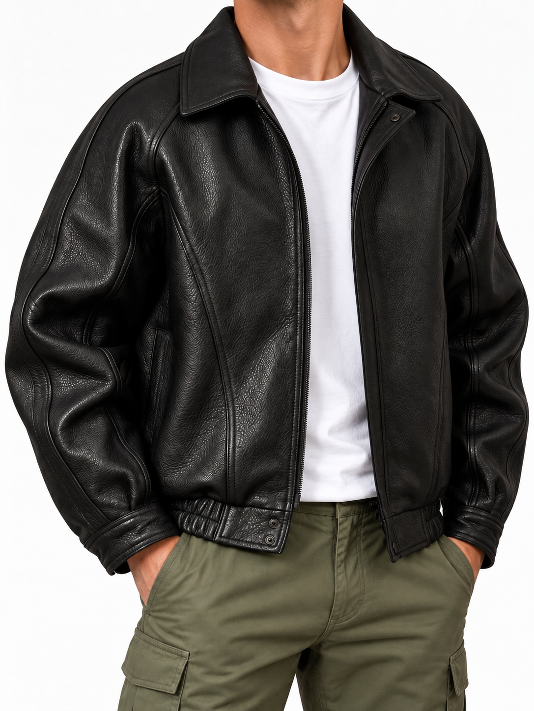 Men’s Premium Leather Zip-Up Jacket – Structured Collared Style for Spring & Autumn