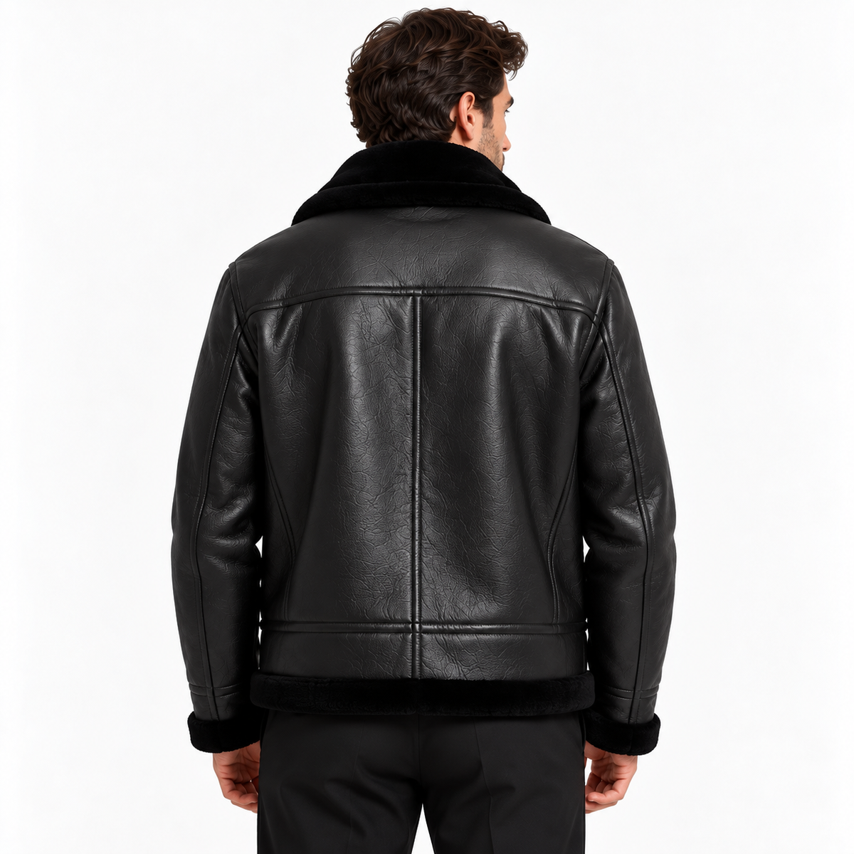 Black leather-look aviator jacket, back view