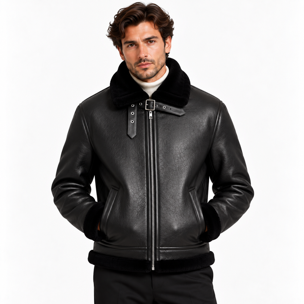 Black leather-look aviator jacket with shearling-style collar, model portrait