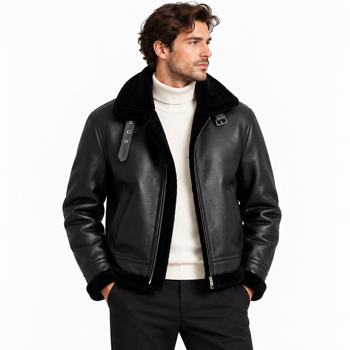 Men's leather-look aviator jacket in black with shearling-style collar