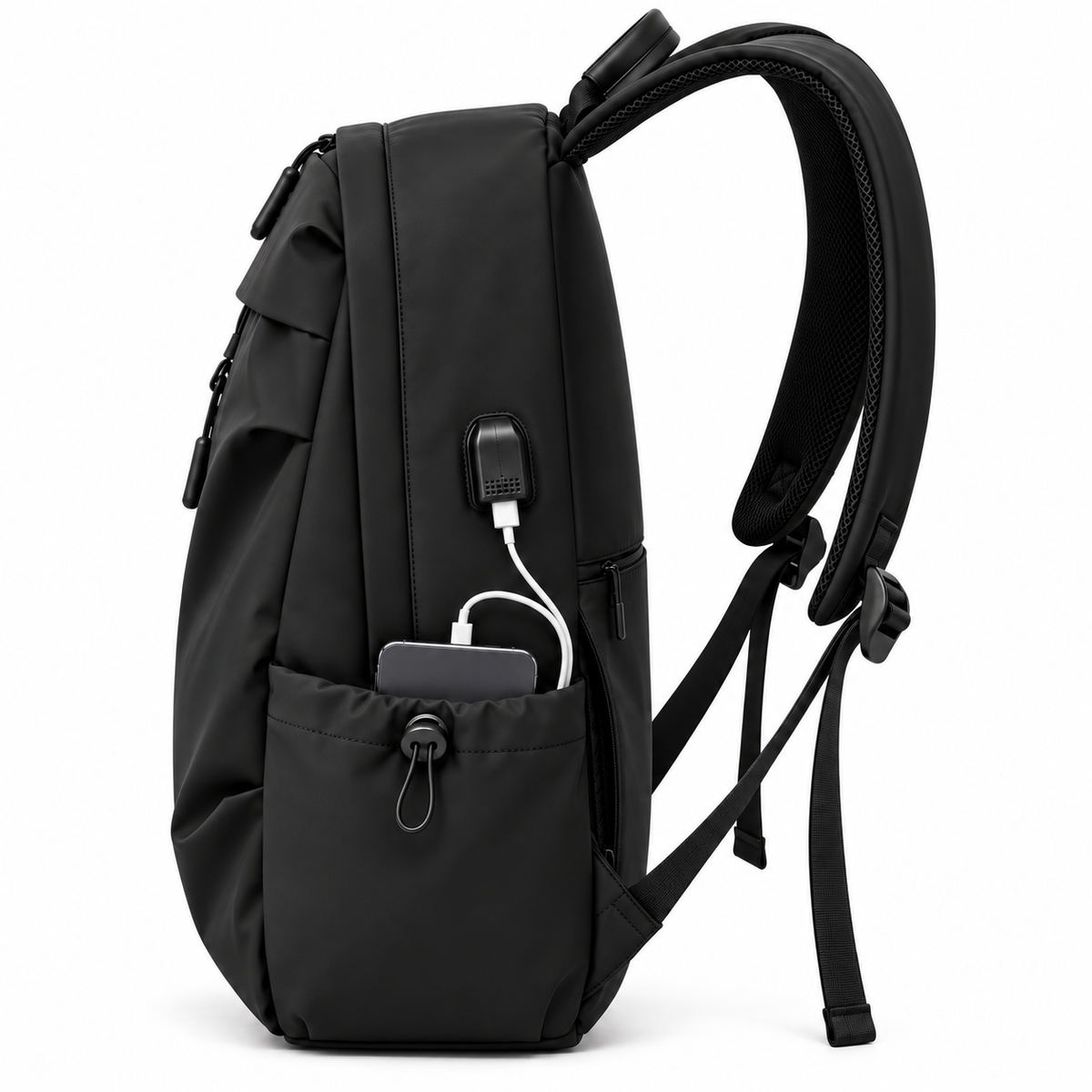 Black backpack side profile with USB charging port and side pocket