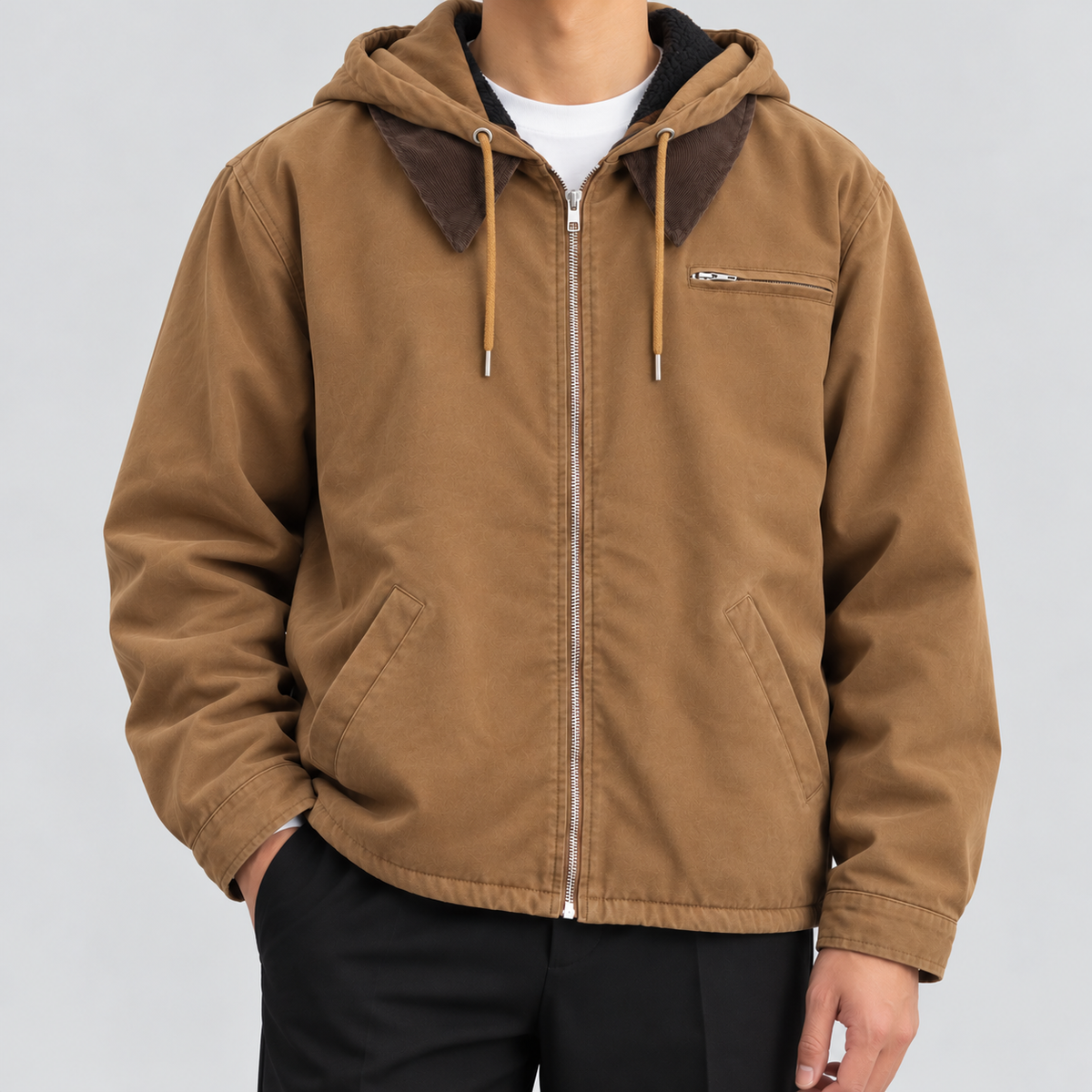 Men's vintage fleece-lined hooded workwear jacket in brown, zipped, front view
