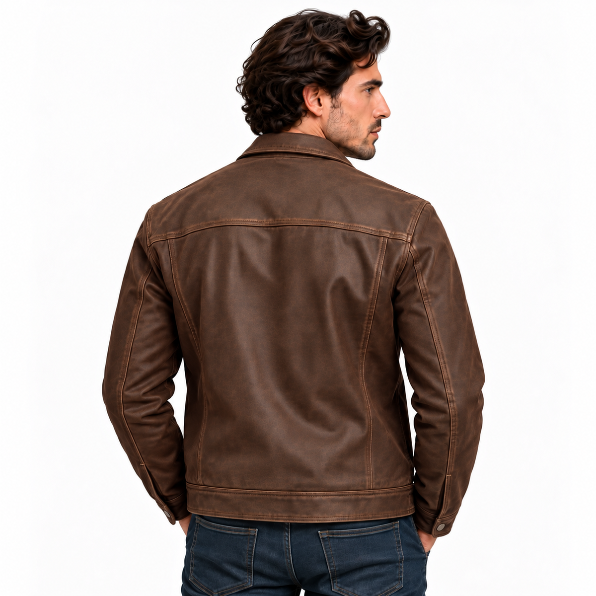 Brown leather-look zip-up jacket, back view