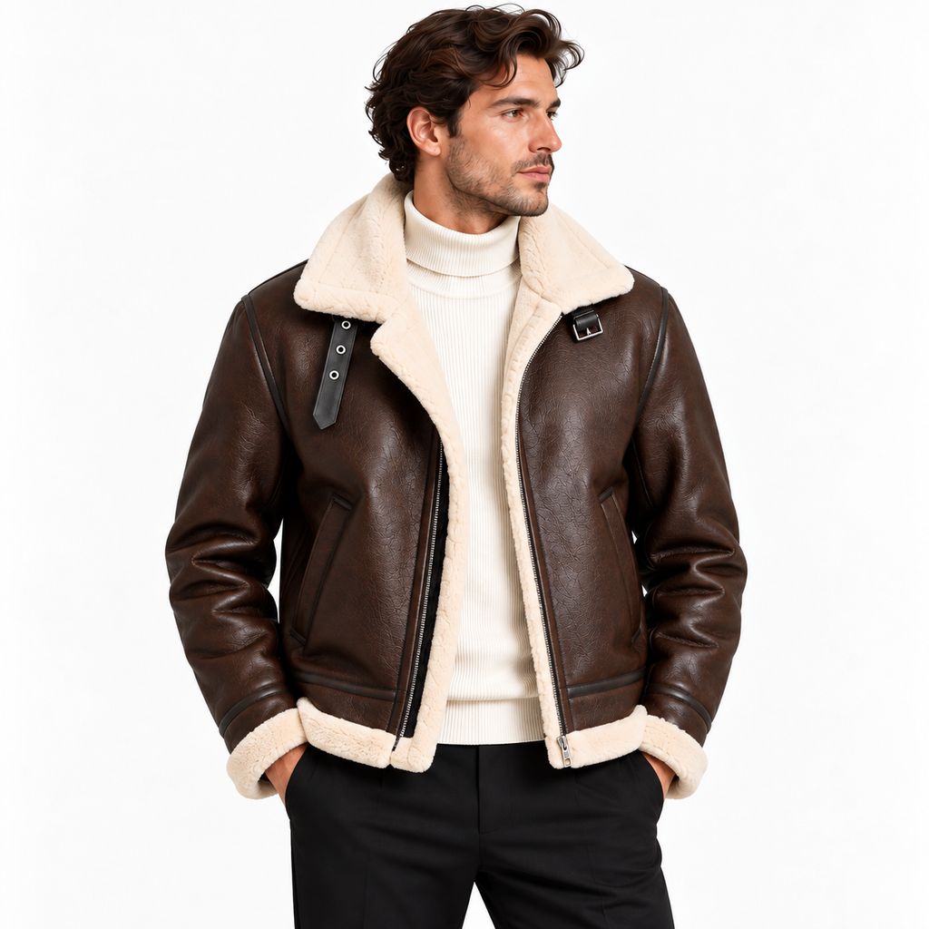Men's leather-look aviator jacket in brown with shearling-style collar