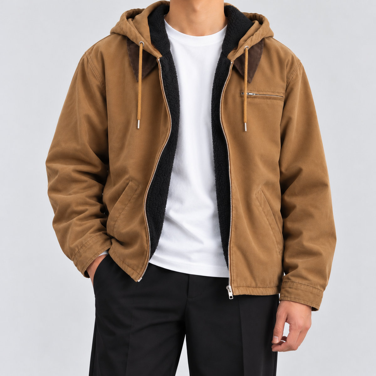 Brown hooded workwear jacket worn open showing the black sherpa fleece lining