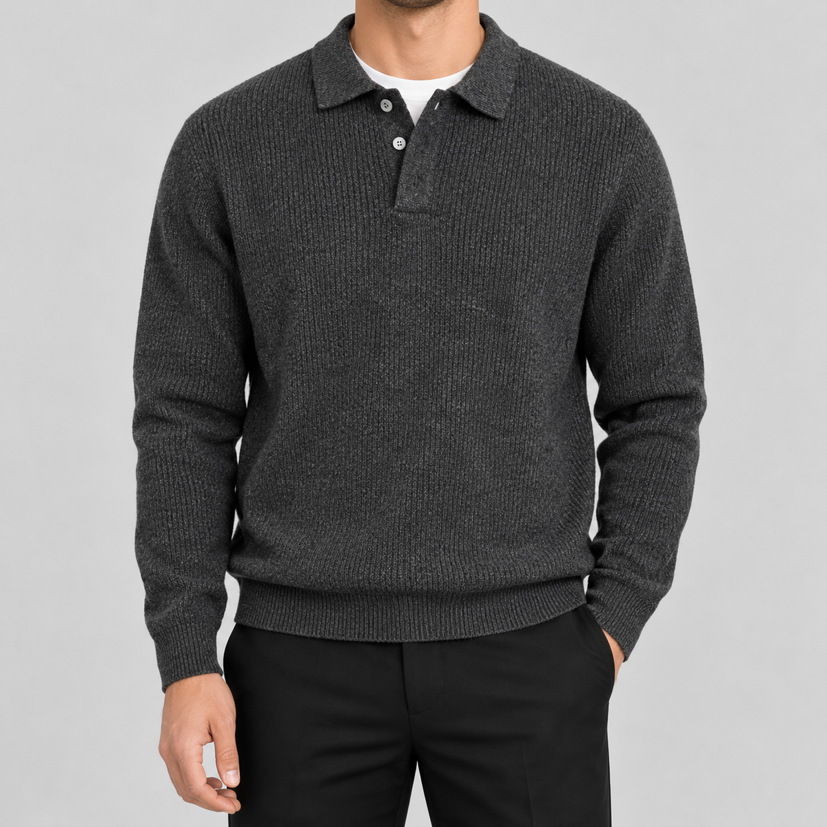 Men's ribbed knit polo sweater in charcoal, front view