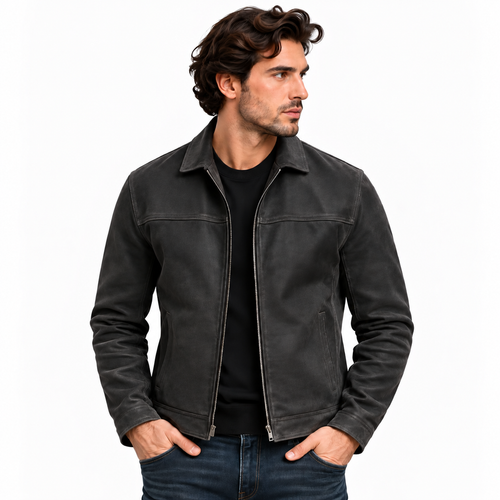 Men's leather-look zip-up jacket in black
