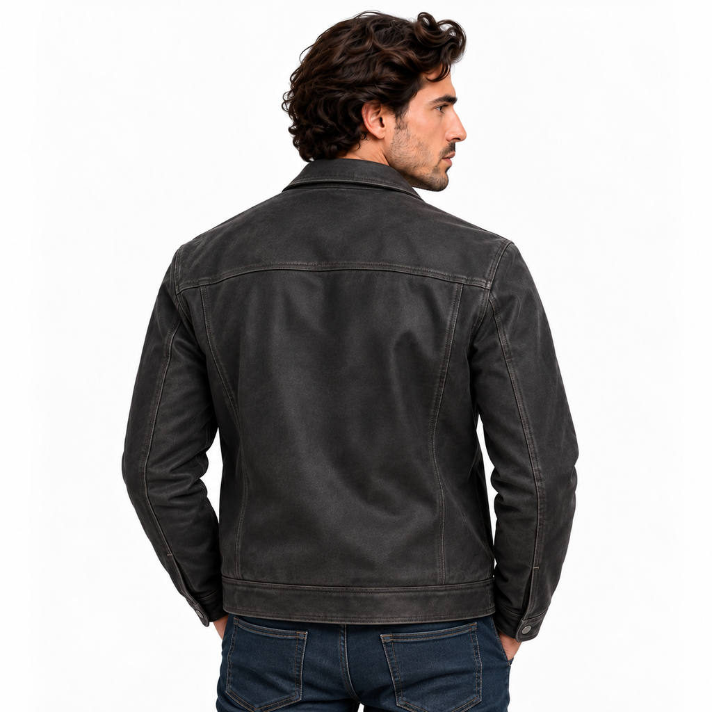 Black leather-look zip-up jacket, back view