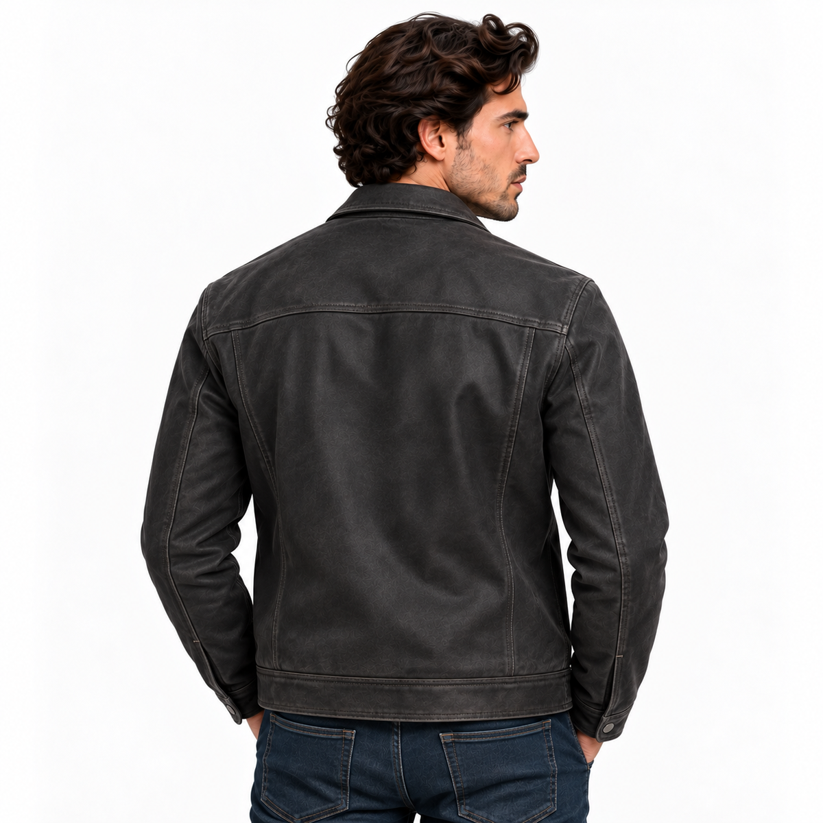 Black leather-look zip-up jacket, back view