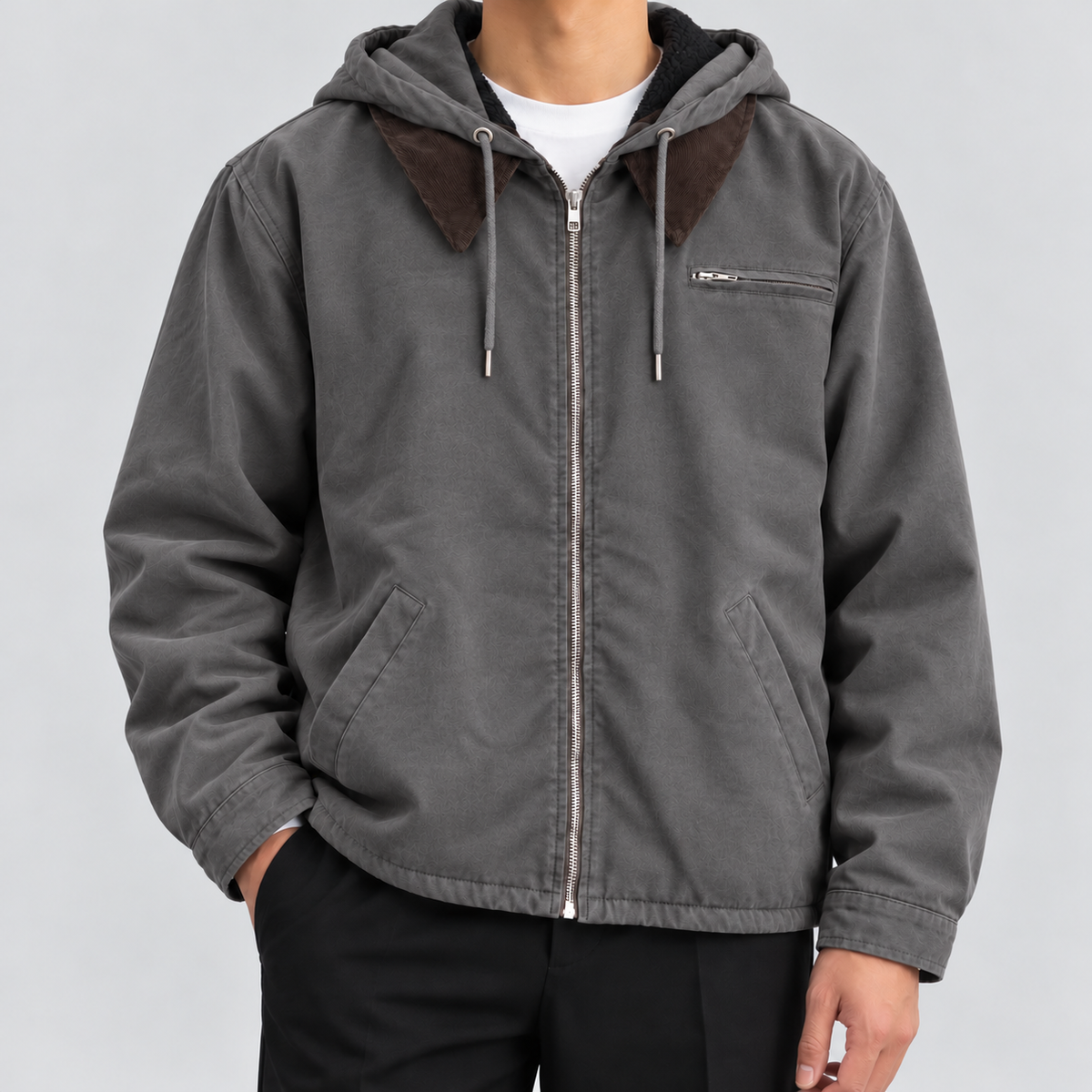 Men's vintage fleece-lined hooded workwear jacket in grey, front view