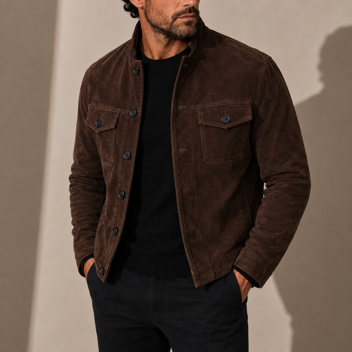 Men's Suede-Look Button-Up Jacket with Stand Collar