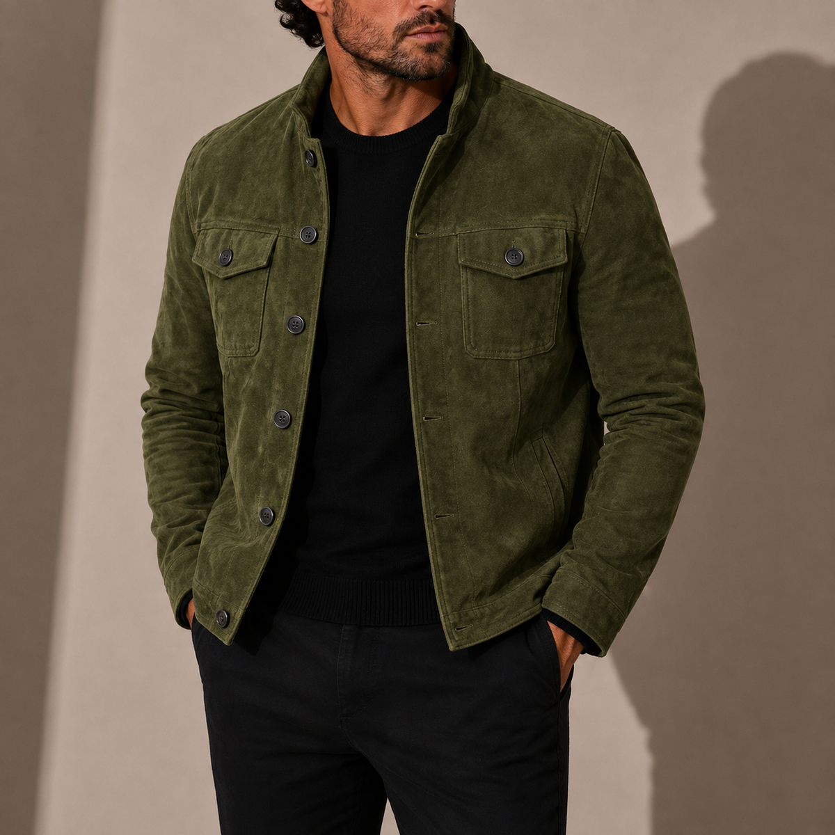 Men's Suede-Look Button-Up Jacket with Stand Collar