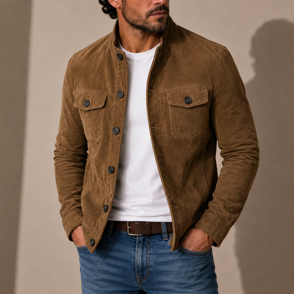 Men's Suede-Look Button-Up Jacket with Stand Collar