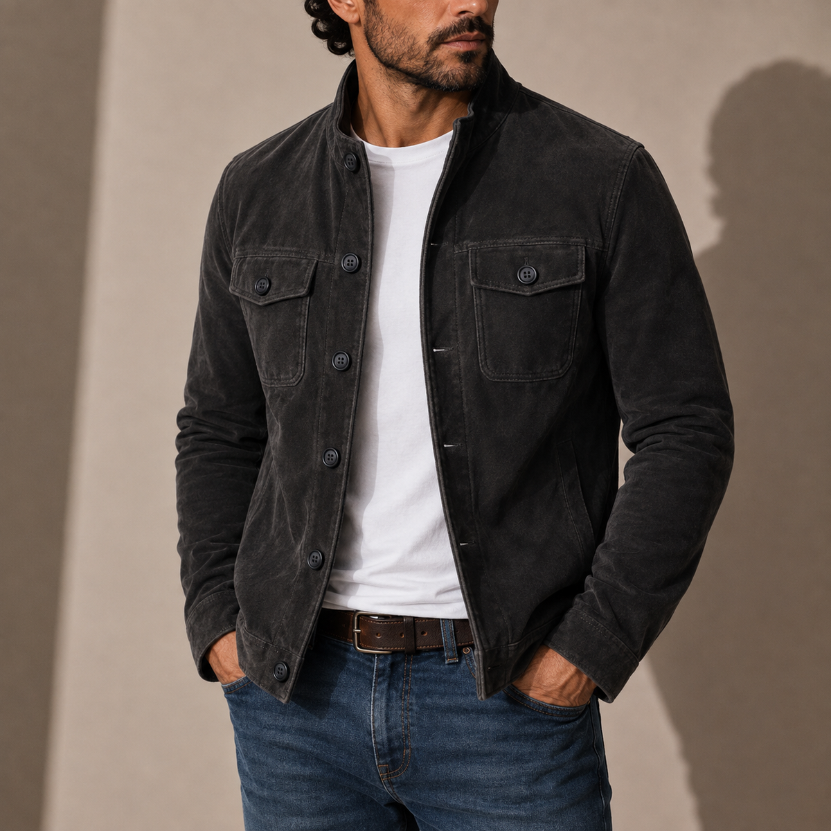 Men's Suede-Look Button-Up Jacket with Stand Collar