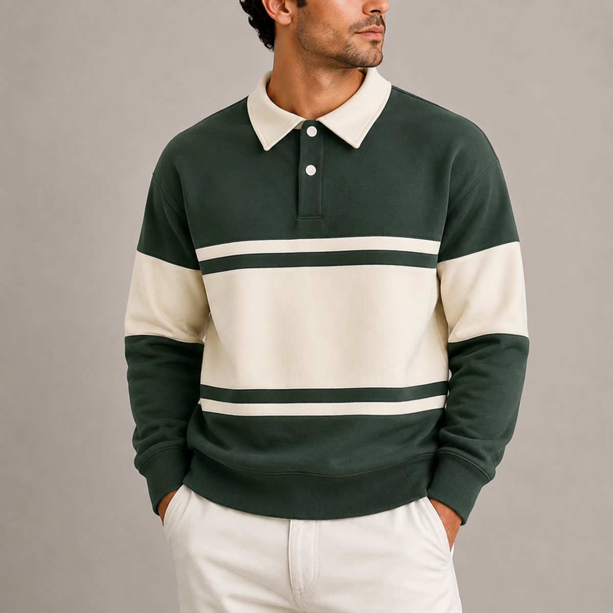 Men's Retro Colour-Block Long-Sleeve Polo Sweatshirt
