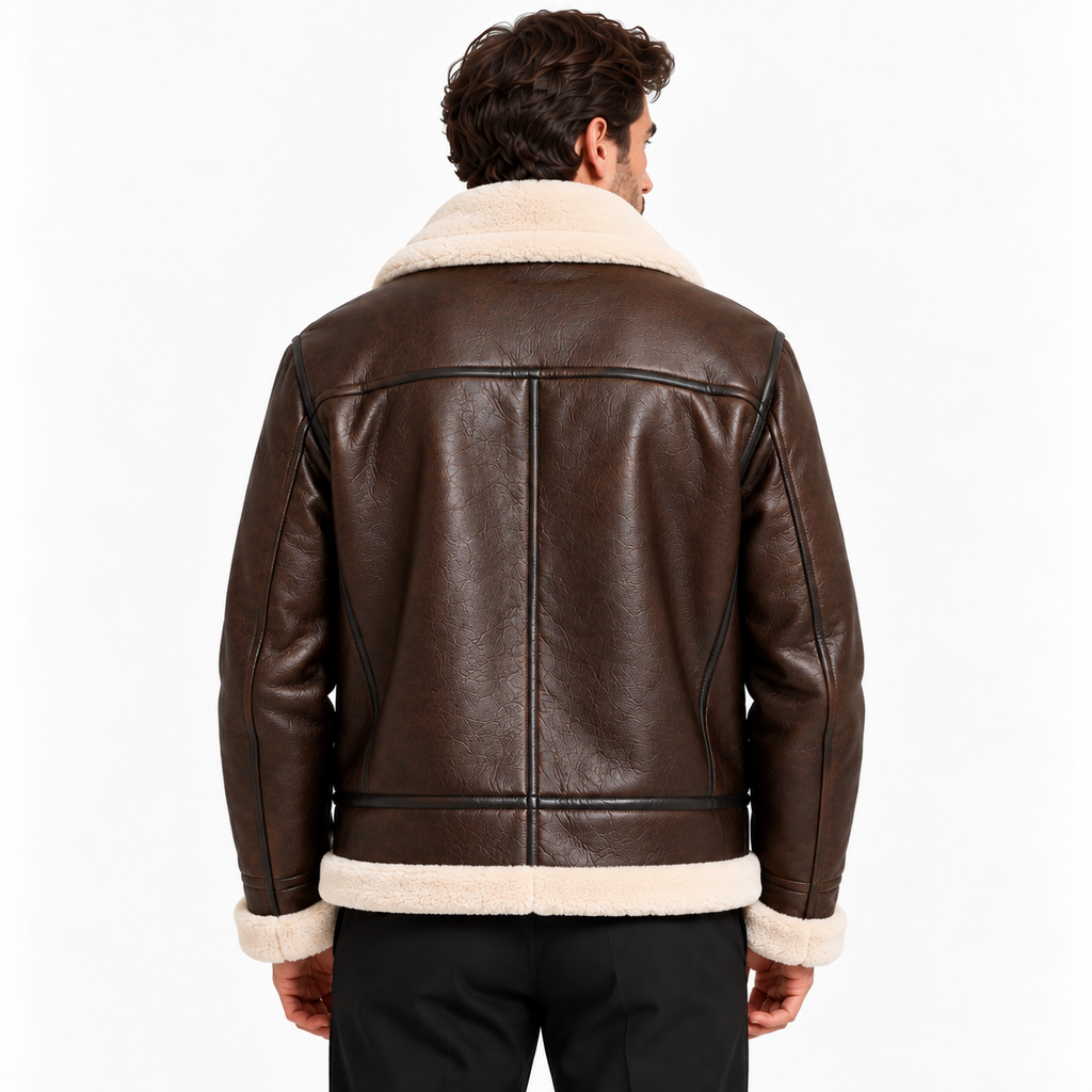 Brown leather-look aviator jacket, classic shearling-style trim