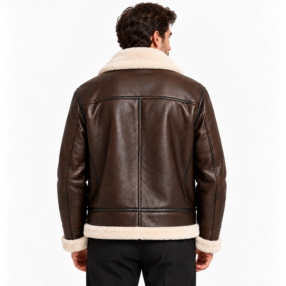 Brown leather-look aviator jacket, classic shearling-style trim