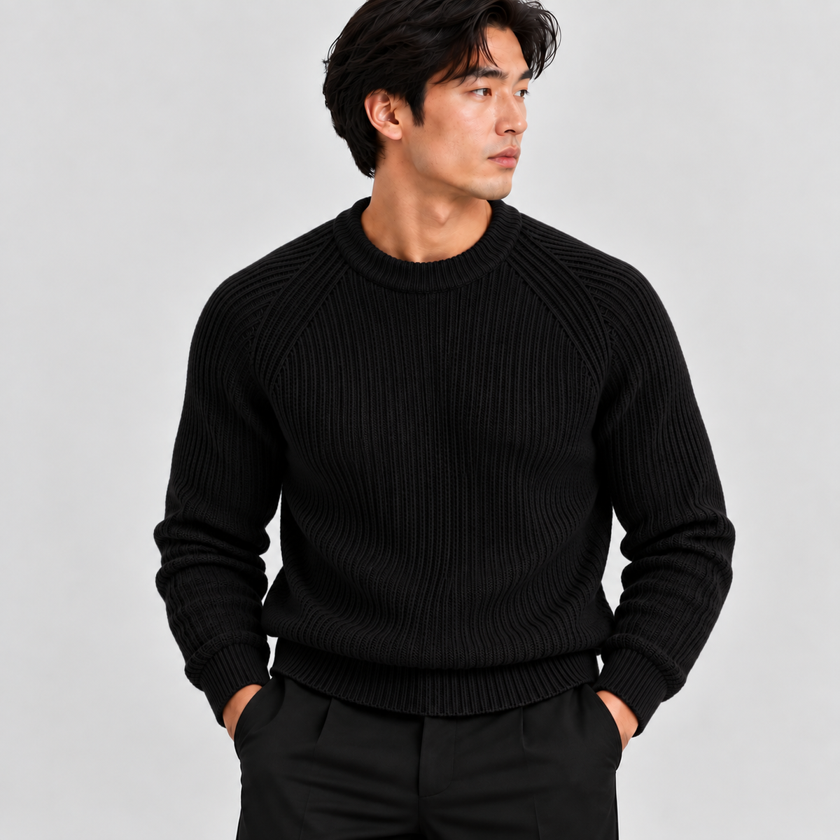 Men's heavyweight fisherman rib knit sweater in black