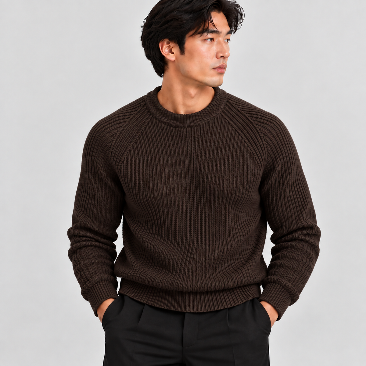 Men's heavyweight fisherman rib knit sweater in brown