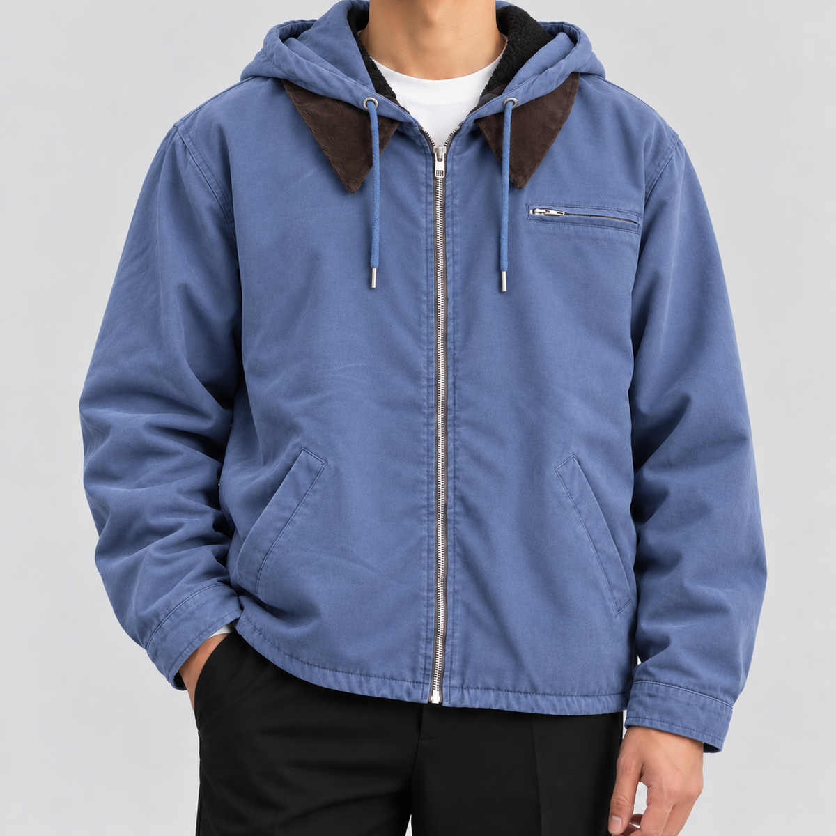 Men's vintage fleece-lined hooded workwear jacket in blue, front view