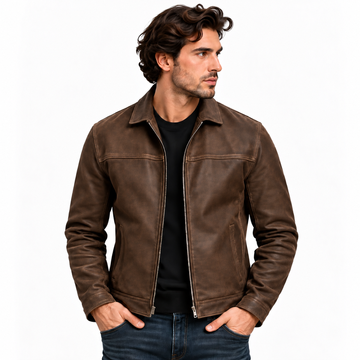 Men's leather-look zip-up jacket in brown, collar close-up