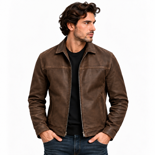 Men's leather-look zip-up jacket in brown, collar close-up