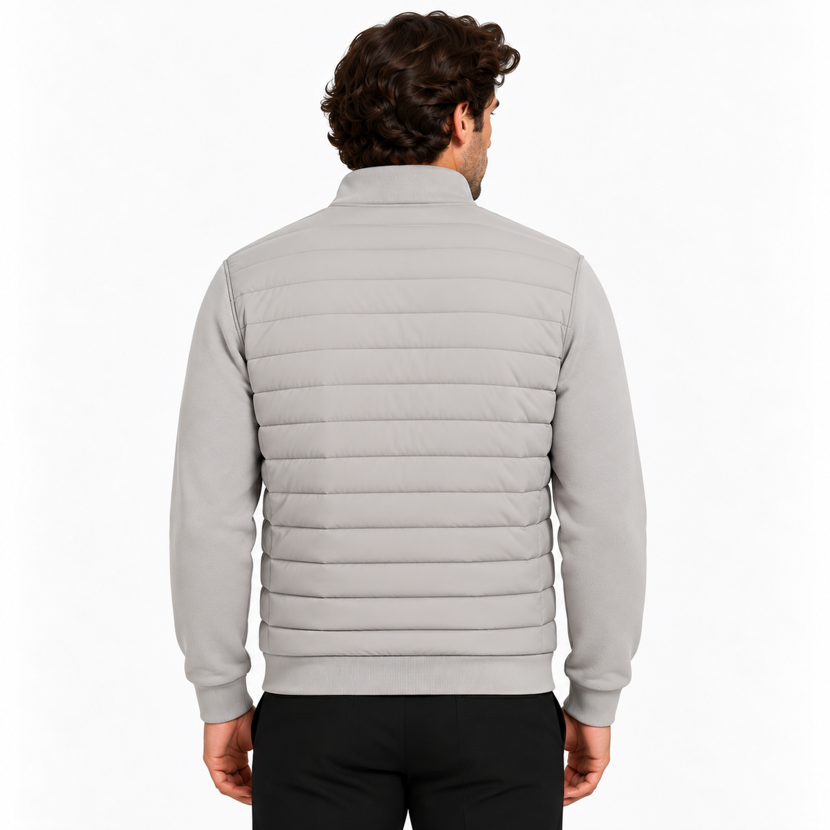Light grey hybrid quilted jacket, back view