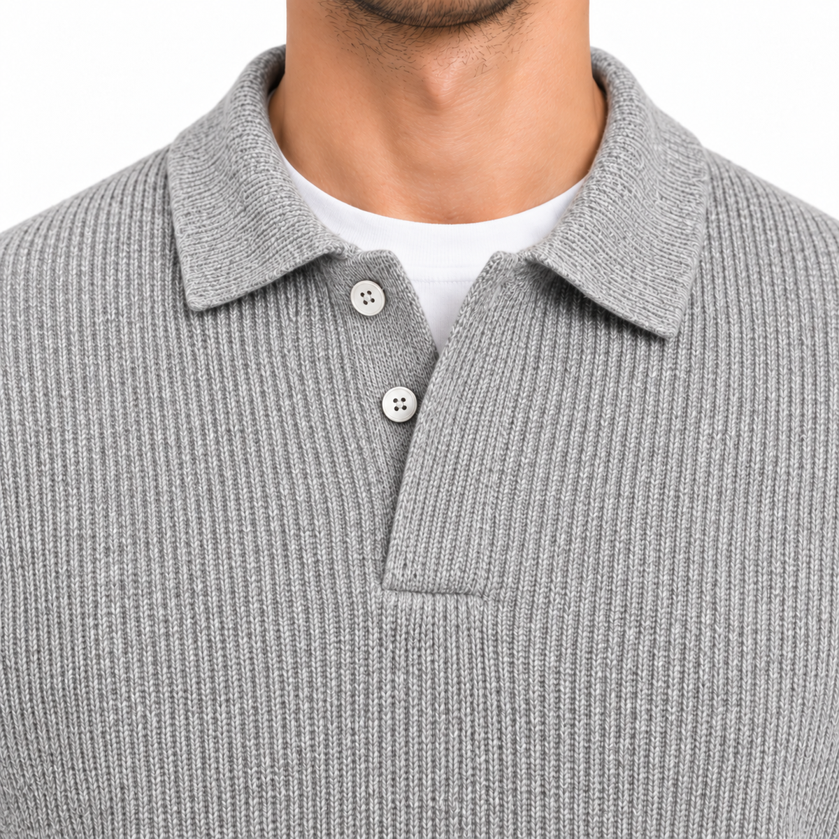 Close-up of the ribbed knit polo sweater collar, 2-button placket and rib texture