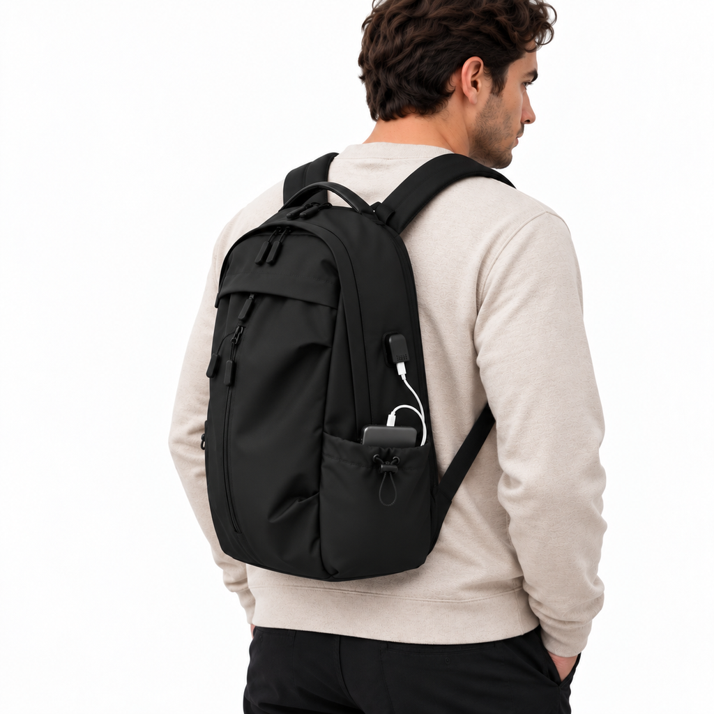 Black minimalist backpack, studio shot