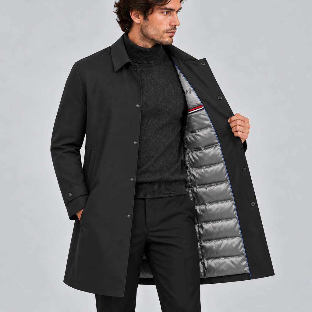 Men's Down-Lined Quilted Mac Coat – Warm Padded Winter Trench, Mid-Length