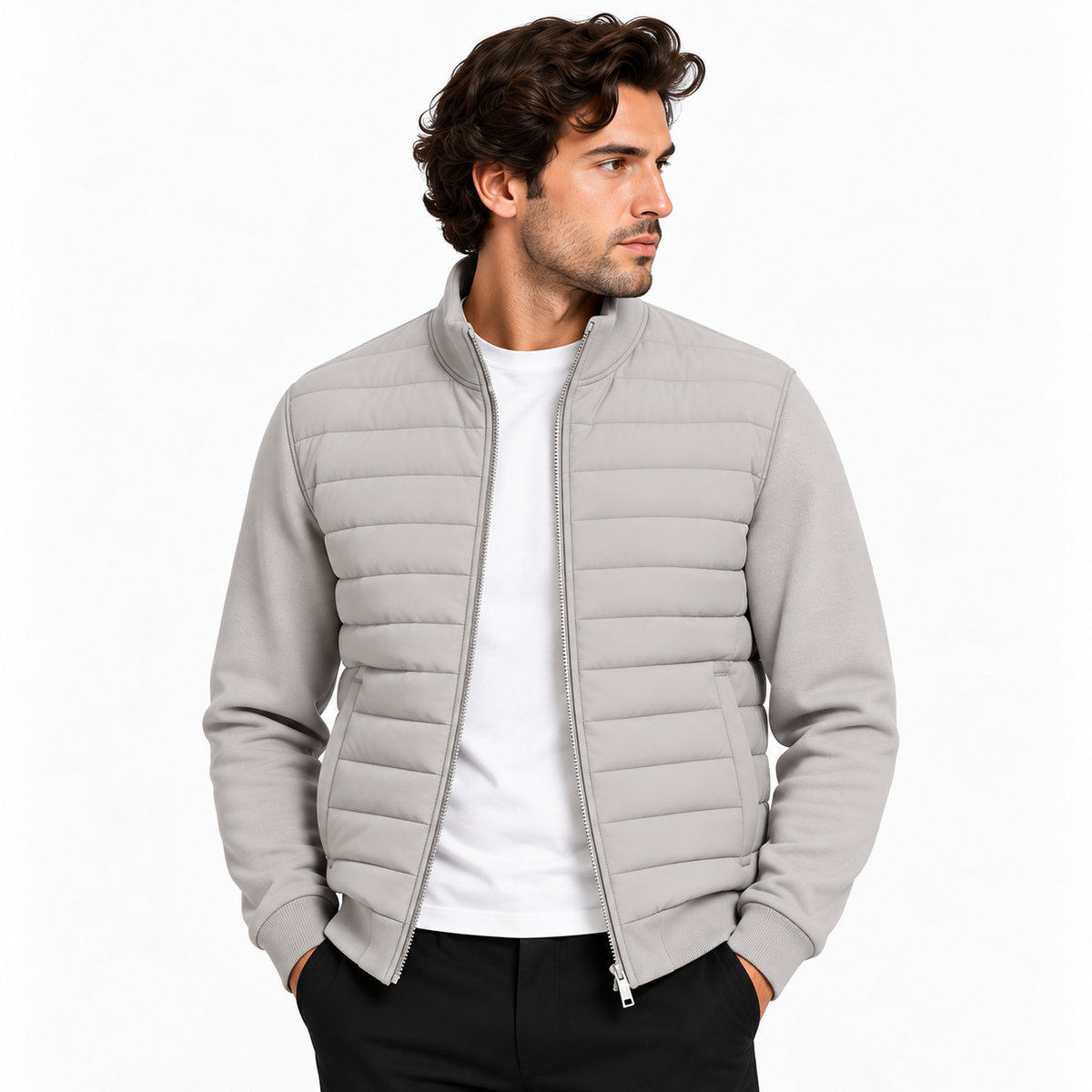 Men's hybrid quilted jacket with knitted sleeves in light grey