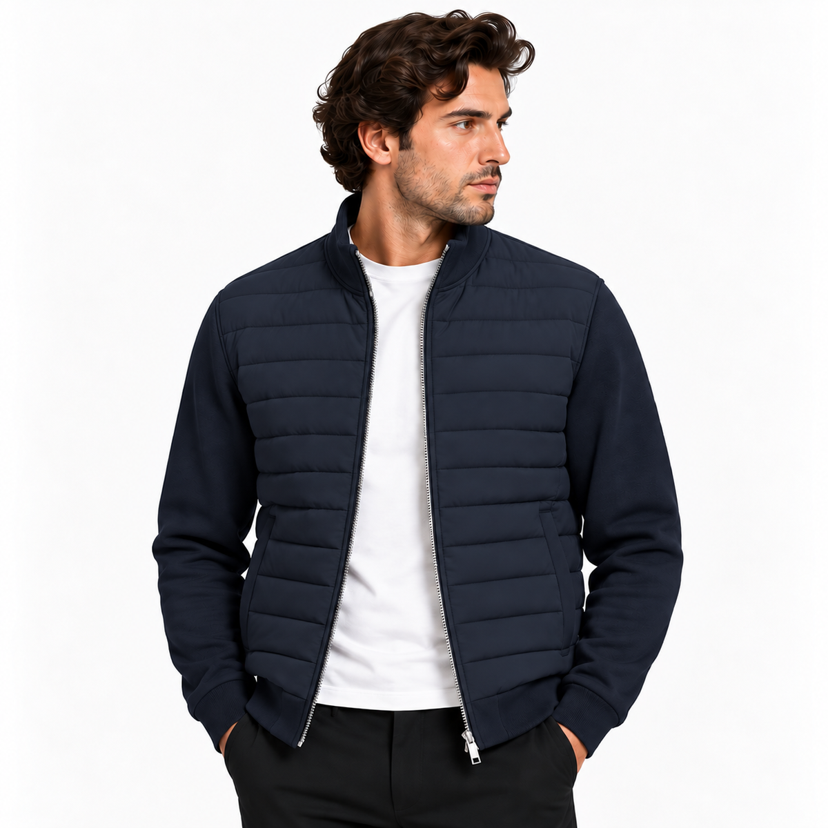 Men's hybrid quilted jacket with knitted sleeves in navy