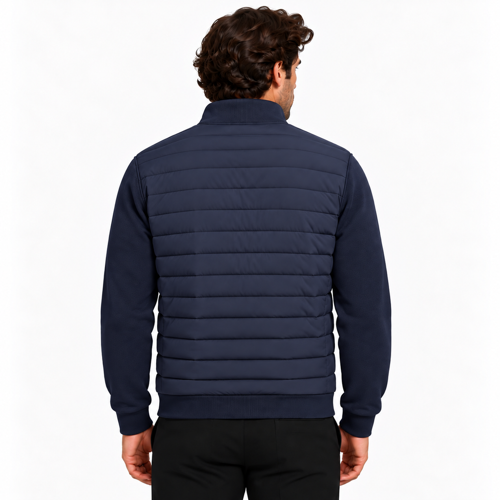 Navy hybrid quilted jacket, back view