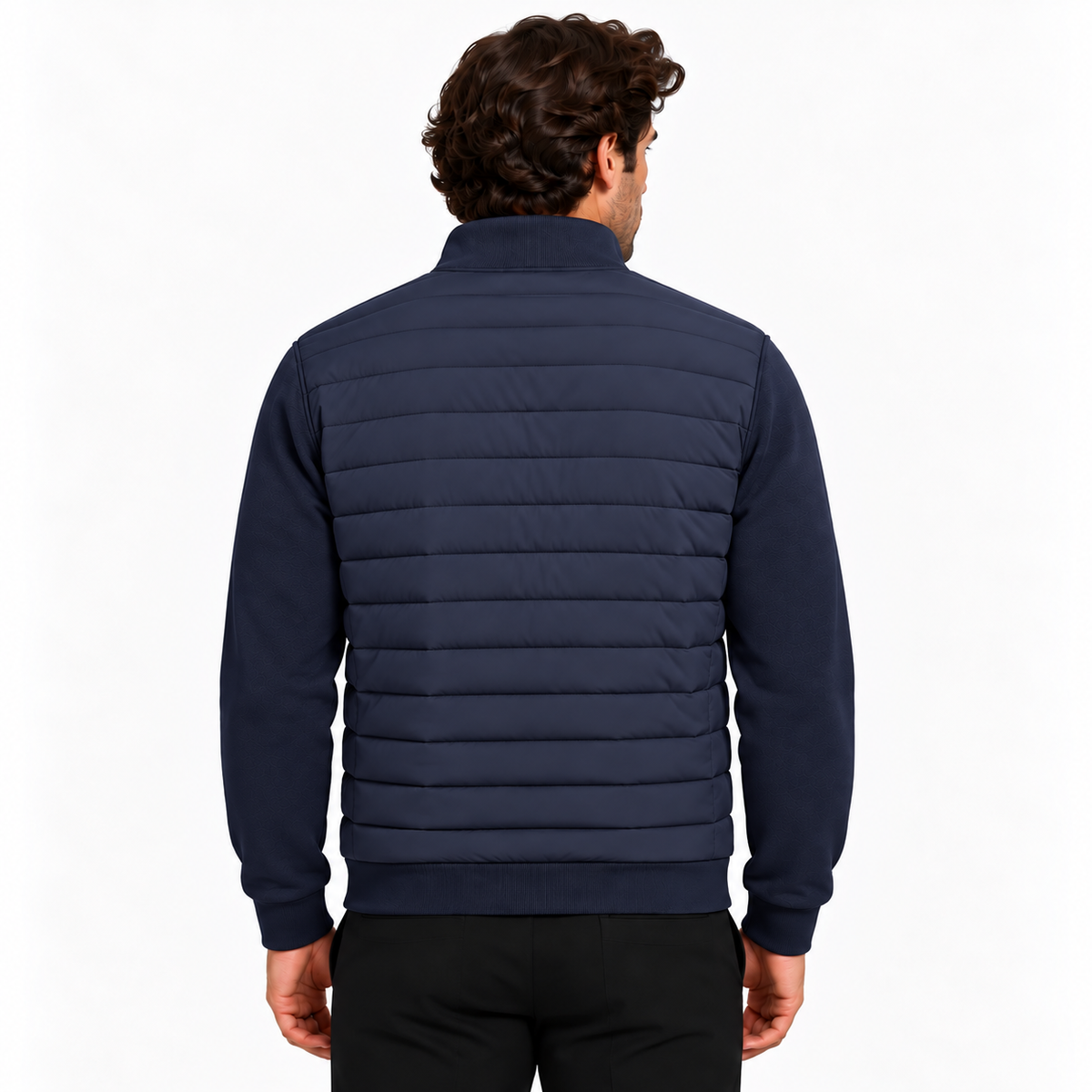 Navy hybrid quilted jacket, back view