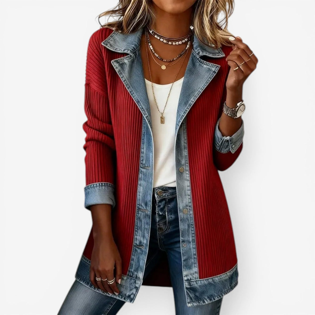 Women's Layered-Collar Knit & Denim-Look Jacket