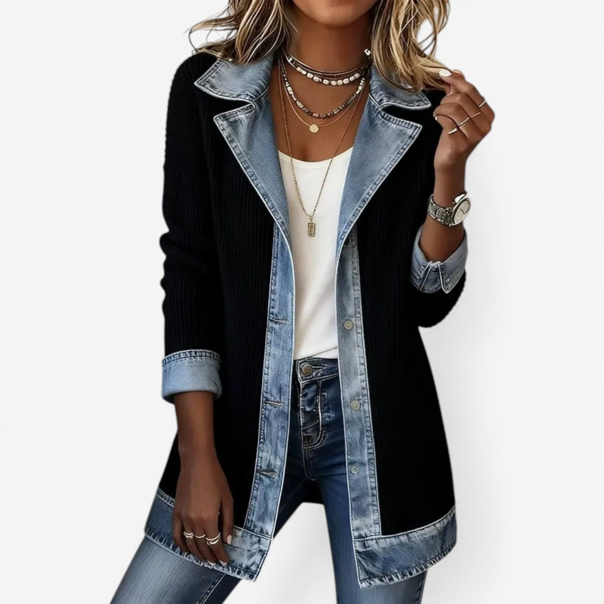 Women's Layered-Collar Knit & Denim-Look Jacket